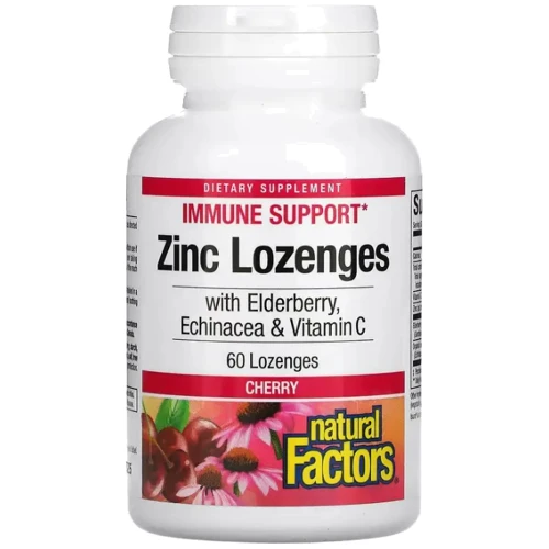 Natural Factors Zinc Lozenges Цинкові льодяники з бузиною, ехінацеєю та вітаміном C, вишнею, 60 пастилок
