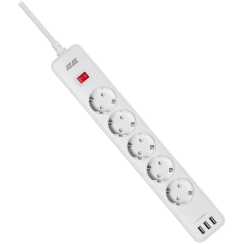 Сетевой фильтр 2E 5XSchuko, 3G*1.5мм, 3*USB-A, 2м, white (2E-SP515M2USBWH): Количество розеток, шт 5
