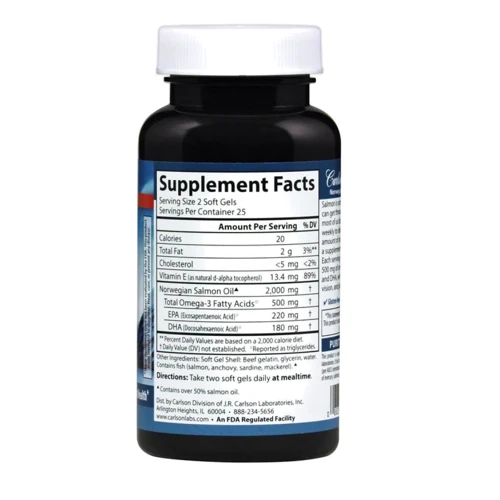 Carlson Labs Norwegian Salmon Oil 500 mg 180+50 soft gels Норвежский лососевый жир: Тип Омега 3