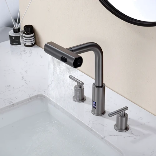 Смеситель для раковины Lefton Two-Handle Widespread Waterfall & Pull-Out Bathroom Faucet with Temperature Display-BFWS2401 Grey: Материал Латунь