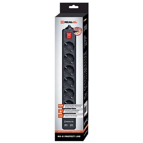 Сетевой фильтр REAL-EL REAL-EL RS-6 PROTECT USB, 5m, black (EL122300018): Количество розеток, шт 6