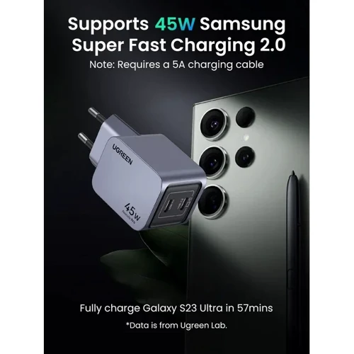 Зарядний пристрій Ugreen Wall Charger X707 USB-C+USB-C GaN 45W Space Gray (35008) фото 8