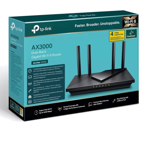 Маршрутизатор Wi-Fi TP-Link Archer AX55: Интерфейс подключения (LAN-порт) 4x10/100/1000 Ethernet