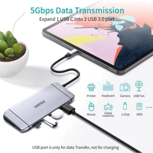 Адаптер Choetech Adapter 9-in-1 USB-C to USB-C+3xUSB+HDMI+SD+RJ45+VGA Gray (HUB-M15) фото 7