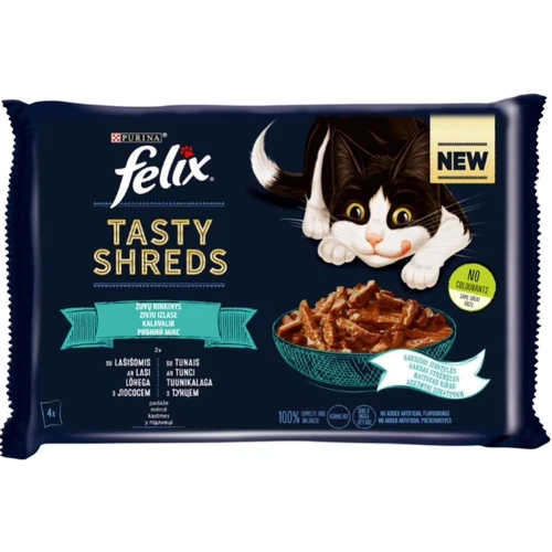Вологий корм FELIX Tasty Shreds для дорослих котів мультипак: 2х80г з лососем та 2х80г з тунцем (7613287650948)