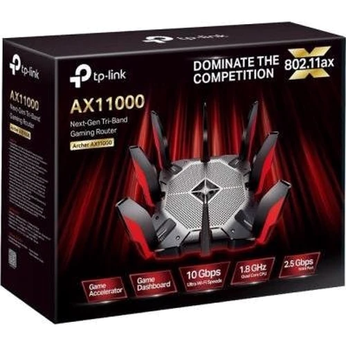Маршрутизатор Wi-Fi TP-Link Archer AX11000: Максимальная скорость 5 ГГц: 4804 Мбіт/с (802.11ax) 5 ГГц: 4804 Мбіт/с (802.11ax) 2,4 ГГц: 1148 Мбіт/с (802.11ax)