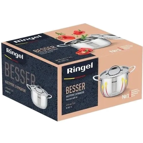 Каструля Ringel Besser з кришкою 16см/1.6л (RG-2021-16): Тип джерела тепла Електричні плити, Склокерамічні плити, індукційні плити, Галогенові плити, Газові плити, Всі види плит