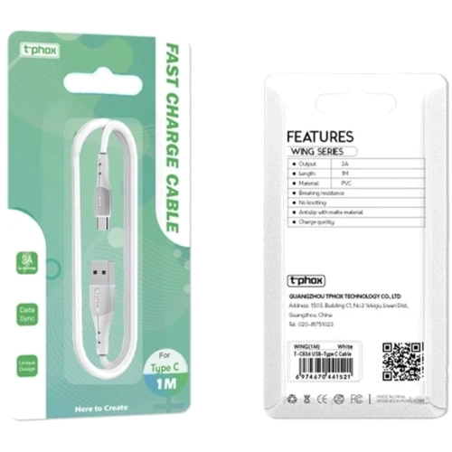 Кабель T-PHOX USB Cable to USB-C 1m White (T-C836): Тип USB Cable - USB-C