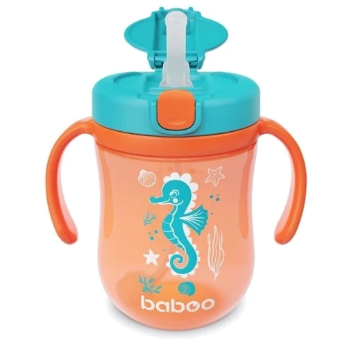 Чашка Baboo Sea Life с силиконовой соломинкой и гравитационным шариком 300 мл оранжевая (8-132)