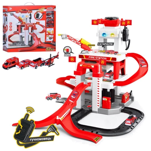Гараж Пожарная часть, 53 детали, машинки, вертолет, звук, свет (660-S21): Производитель Noname
