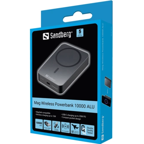 Внешний аккумулятор Sandberg Power Bank 10000mAh Mag Wireless 20W Black (420-97): Встроенный кабель нет