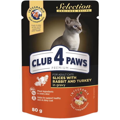 Влажный корм Club 4 Paws Selection Premium Adult cats для взрослых кошек с кроликом и индейкой, кусочки в соусе 24х80 г (4820083908996)