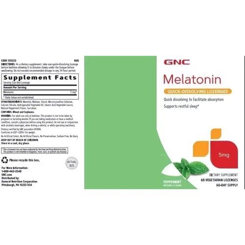 GNC Melatonin Quick Dissolving Мелатонин 5 mg 60 леденцов вкус перечная мята: Форма выпуска Леденцы