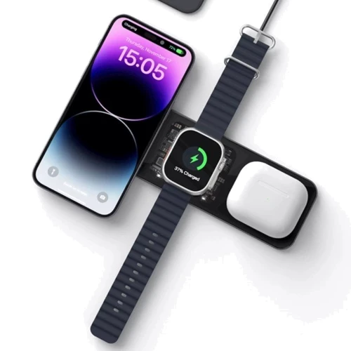 Зарядний пристрій WiWU Wireless Charger Matrix 3 in 1 Wi-W010 Black для iPhone 16 I 15  I 14 I 13 I 12 series and Apple Watch: Кабель в комплекті отсутствует