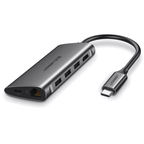 Адаптер Ugreen Adapter CM121 USB-C to USB-C+3xUSB3.0+HDMI+RJ45+SD Gray (50538): Цвет серый