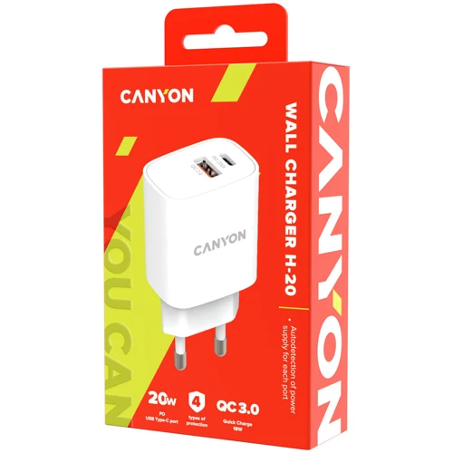 Зарядное устройство Canyon Wall Charger USB+USB-C H-20-04 20W White (CNE-CHA20W04): Особенности Power Delivery (PD), USB-C, Быстрая зарядка