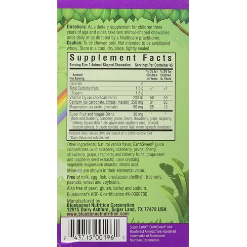 Bluebonnet Nutrition Rainforest Animalz Vitamin D3 400IU 90 chewable tabs Berry (for kids): Тип Витамин D