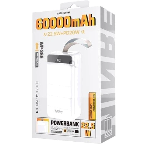 Зовнішній акумулятор WK Wekome Power Bank 60000mAh Minre Digital Display PD20W+22.5W White (WP-269): Кількість USB 4