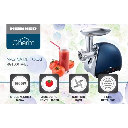 Мясорубка Heinner MG1500TA-BL: Дополнительные насадки насадка для томатов, насадка для колбасок, насадка «кеббе»