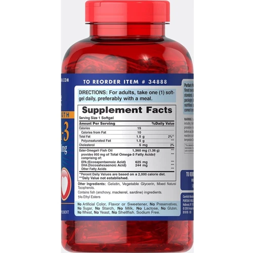 Puritan's Pride Triple Strength Omega-3 Fish Oil 1360 mg (950 mg Active Omega-3) 120 softgels Омега-3 тройной силы: Тип Омега 3