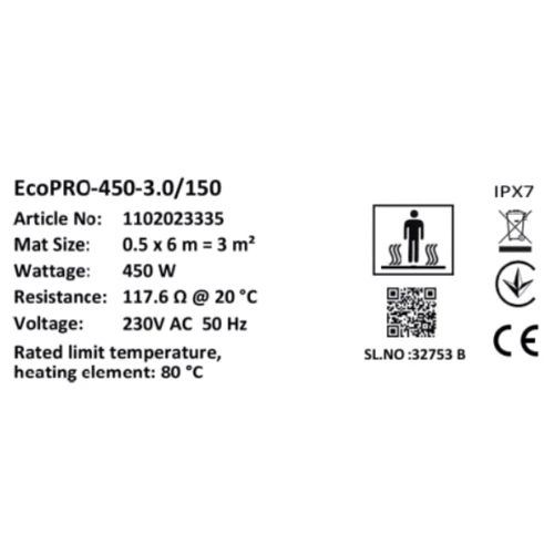 Мат нагревательный Warmstad Max EcoPRO-450-3.0/150 W/m2: Площадь обогрева, кв.м 3
