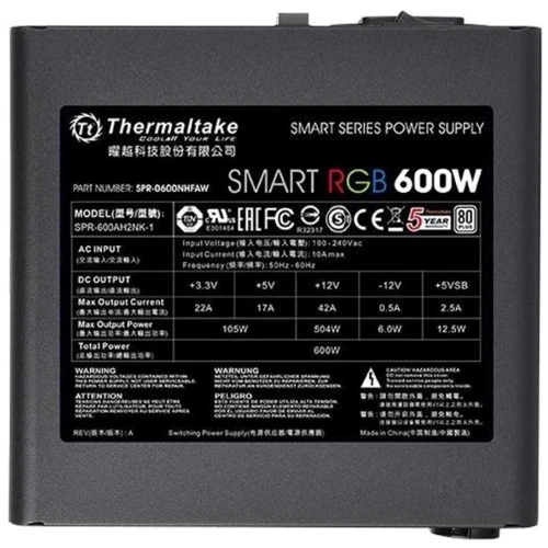 Блок питания Thermaltake Smart RGB 600W (PS-SPR-0600NHSAWE-1): Мощность, Ватт 600
