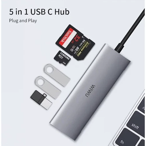 Адаптер WIWU Adapter Alpha 532ST USB-C to USB-C+3xUSB3.0+SD Grey: Интерфейс подключения USB-C