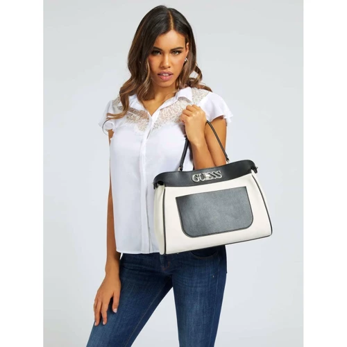 Женская сумка тоут Guess Uptown Chic Lrg Trnlck Satchel черно-белая (HWHG7301060-BLA): Тип Сумки