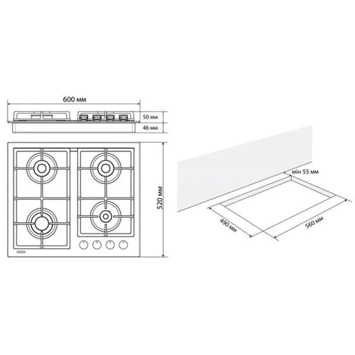 Варочная поверхность газовая Eleyus VITA 60 WH C: Расположение панели спереди