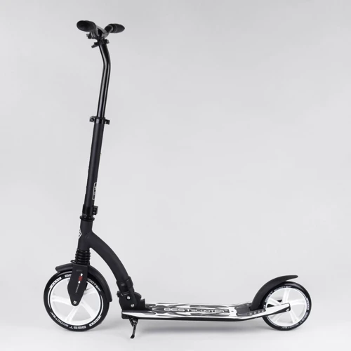 Самокат двоколісний Best Scooter з PU колесами, амортизатором, широким кермом, затискачем для керма Black / White (100069): Конструкція рами складна