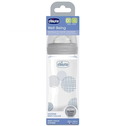 Бутылочка стеклянная Chicco Well-being Physio Colors с силиконовой соской 0м+ 240 мл Серая (28721.30): Тип бутылочка для кормления