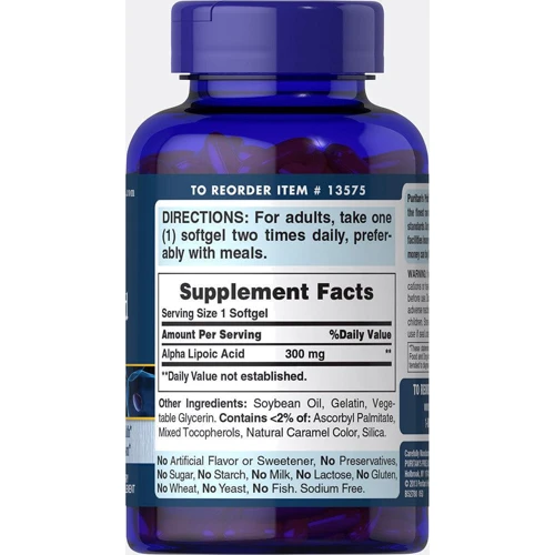 Puritan's Pride Alpha Lipoic Acid 300 mg 120 Softgels Альфа-ліпоєва кислота: Тип Альфа-ліпоєва кислота