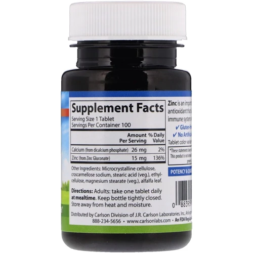 Carlson Labs Zinc 15 mg 100 Tabs Цинк: Тип Цинк