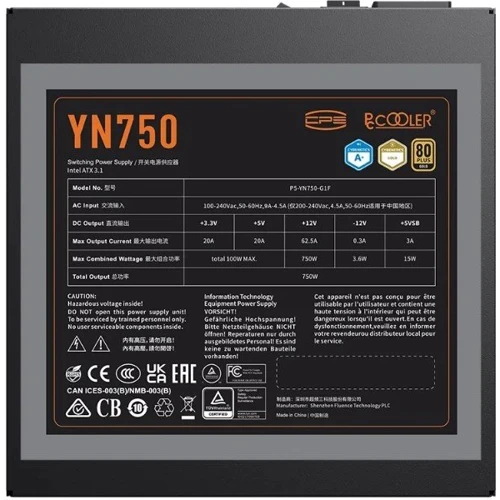 Блок питания PcCooler 750 W 80+ GOLD YN750 (P5-YN750-G1FFBK1-EU): КПД, % 90
