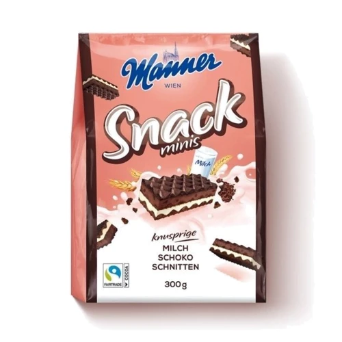 Вафли Manner Snack Minis c молочно-шоколадным кремом 300 г (9000331607719)