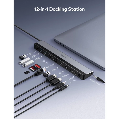 Адаптер VAVA Adapter USB-C to USB-C + 2хUSB3.0 + 2хUSB2.0 + RJ45 + 2xHDMI + 3.5mm + SD 85W Grey (VA-DK004): Колір сірий