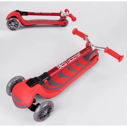 Самокат трехколесный Best Scooter складной алюминиевый руль, 4 колеса PU со светом Red (99639): Тип колес литые
