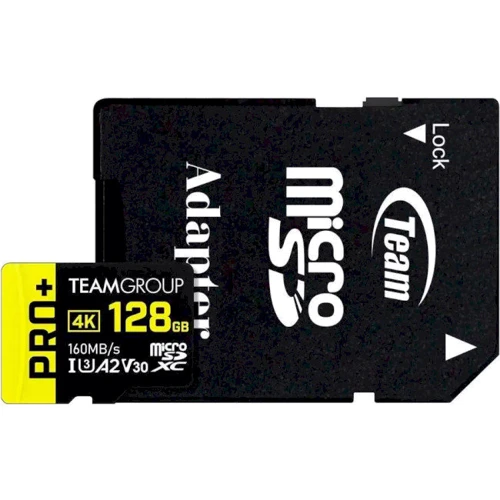 Карта памяти Team 128GB microSDXC UHS-I U3 A2 V30 PRO+ + adapter (TPPMSDX128GIA2V3003)