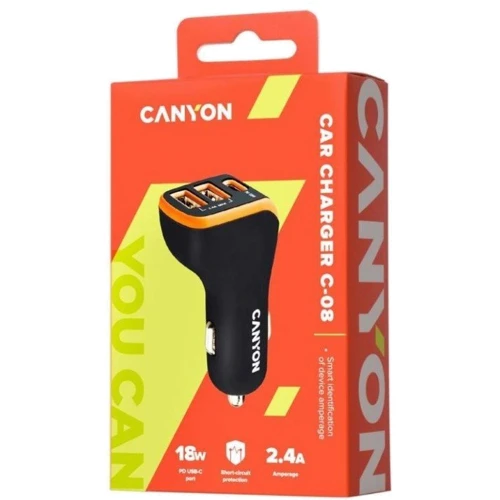 Зарядний пристрій Canyon Car Charger USB-C+2xUSB C-08 18W Black/Purple (CNE-CCA08PU): Кабель в комплекті отсутствует