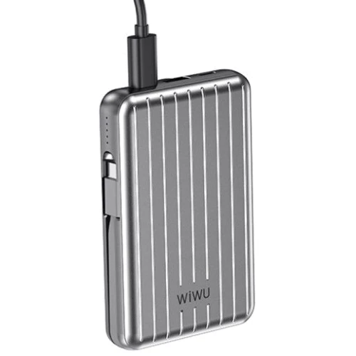 Внешний аккумулятор WIWU Power Bank 10000mAh Trunk 22.5W Magnetic Wireless Silver: Встроенный кабель Apple Lightning / USB Type-C