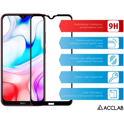 Аксесуар для смартфона ACCLAB Tempered Glass Full Glue Black for Xiaomi Redmi 8: Колір чорний