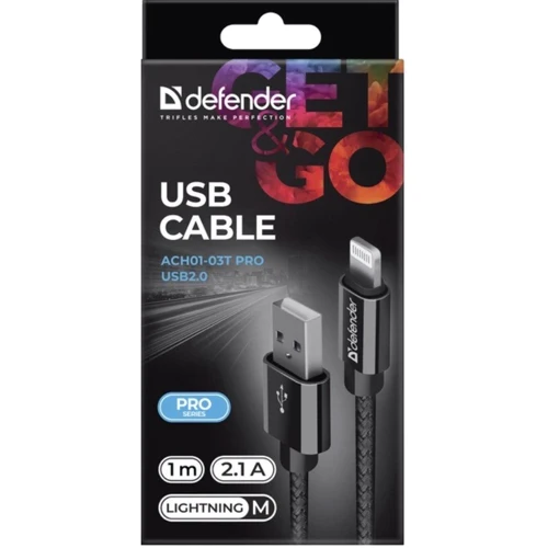 Кабель Defender PRO USB Cable to Lightning 1m Black (87808): Длина 1 м