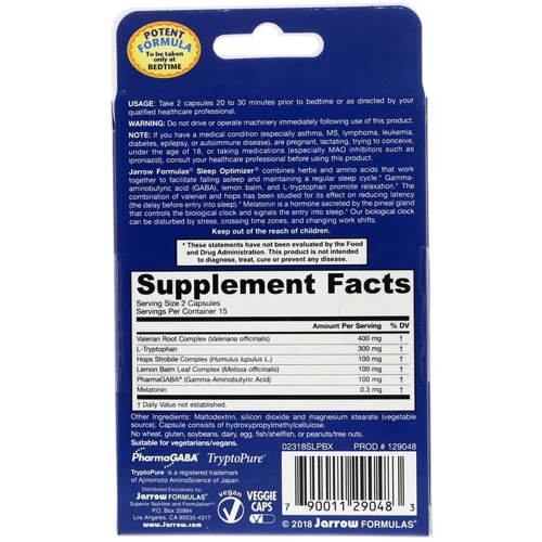 Jarrow Formulas Sleep Optimizer, 30 Vegetarian Capsules (JRW29048): Форма выпуска Капсулы