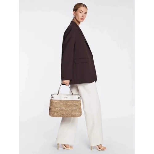 Жіноча сумка тоут GUESS LIGURIA SATCHEL бежева (HWWB8696060-STO): Тип ручки Со съемным ремнем, Плечевой ремень, С двумя ручками, Короткая ручка