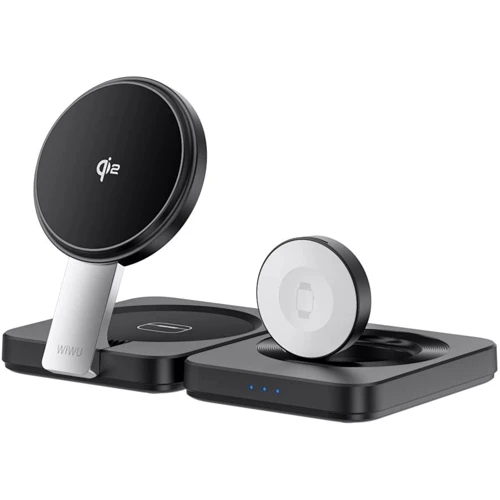 Зарядное устройство WIWU Wireless Charger 15W Black (Wi-W028) for iPhone 16 I 15 I 14 I 13 I 12 series, Apple Watch and Apple AirPods: Особенности Быстрая зарядка, MagSafe, Для Apple Watch