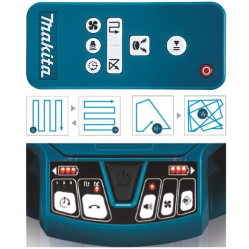 Робот уборщик Makita DRC200Z: Дополнительно Таймер, Пульт ДУ, Две щетки, Для больших помещений, Индикатор заполнения пылесборника, Удаленное упр