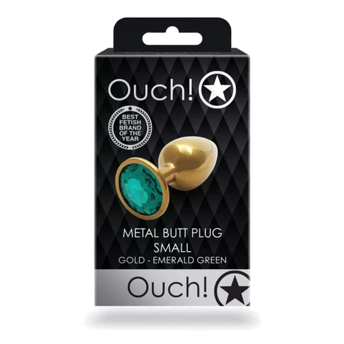 Металлическая анальная пробка Ouch! Heart Gem Gold - Emerald Green, S