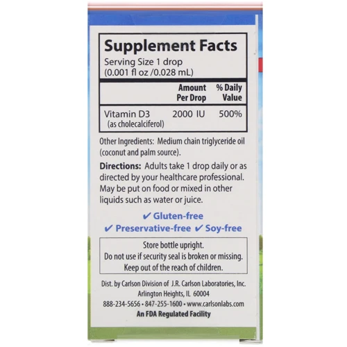 Carlson Labs Super Daily D3 2,000 IU 0.35 fl oz (10.3 ml) Витамин D3: Тип Витамин D