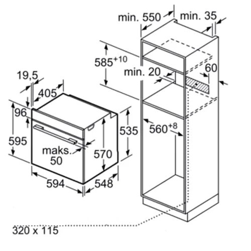 Духова шафа електрична Siemens HB234A0S0: Розміри 59.5x59.4x54.8 см
