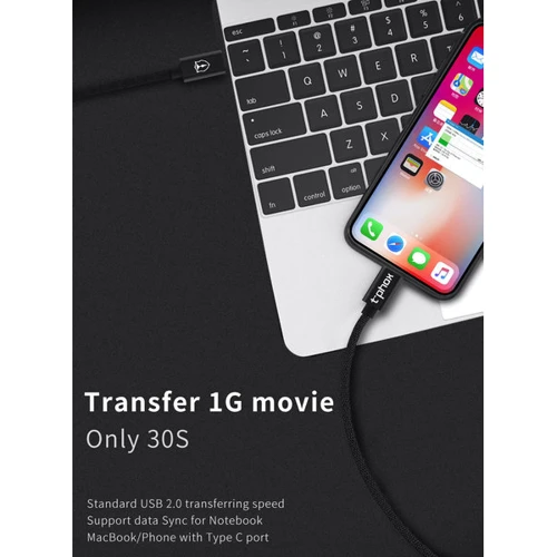 Кабель T-PHOX Cable USB-C to Lightning Speed 1m Black (T-LC811 Black) фото 4